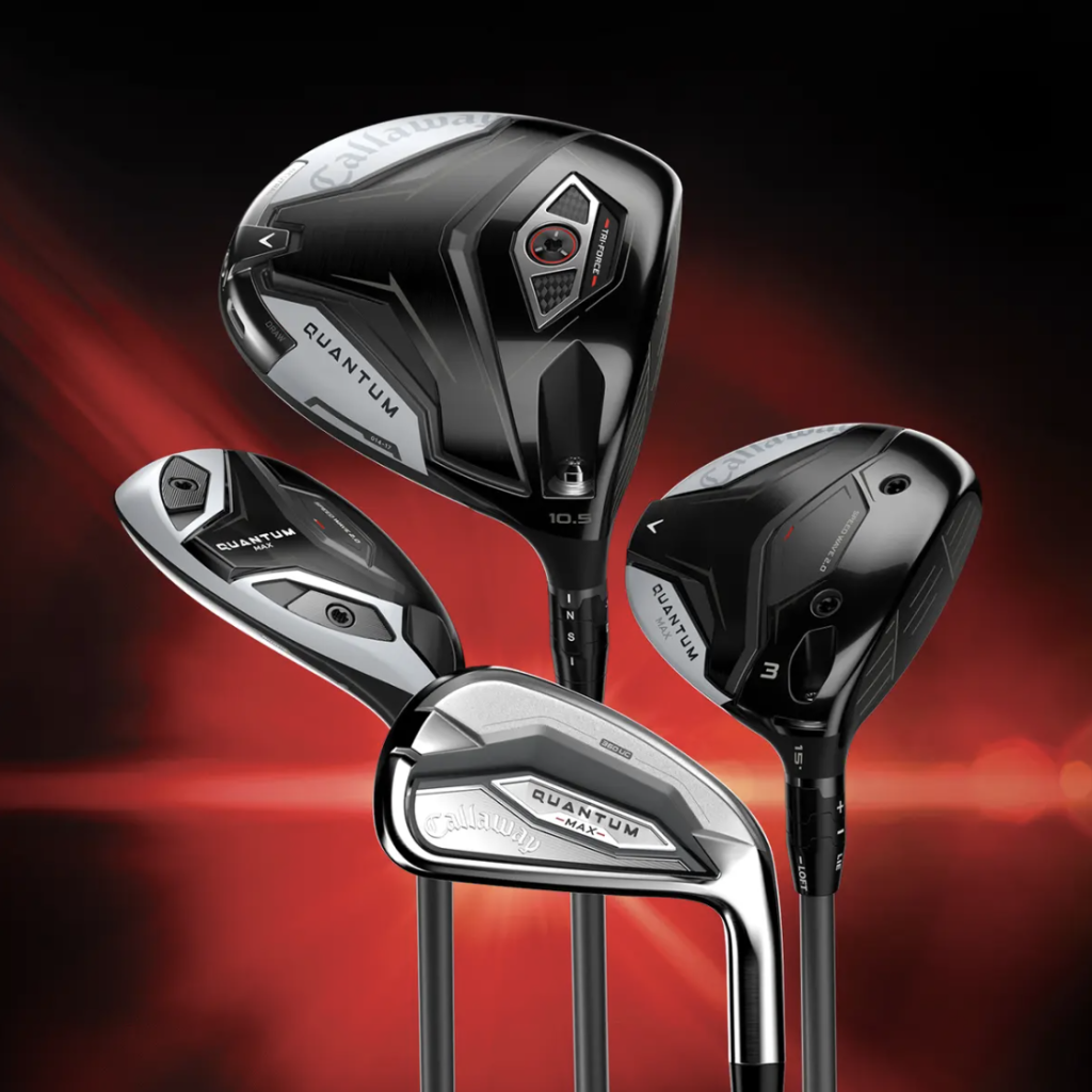 Callaway Quantum golf club set (drivers and irons) displayed against a red gradient background, showcasing sleek black and silver heads.
